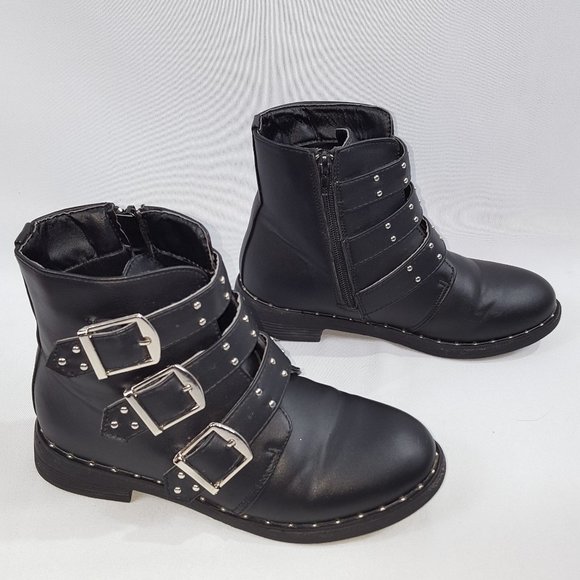 Punk Biker Boots Black Buckles Studs Girls 7 - Picture 2 of 5